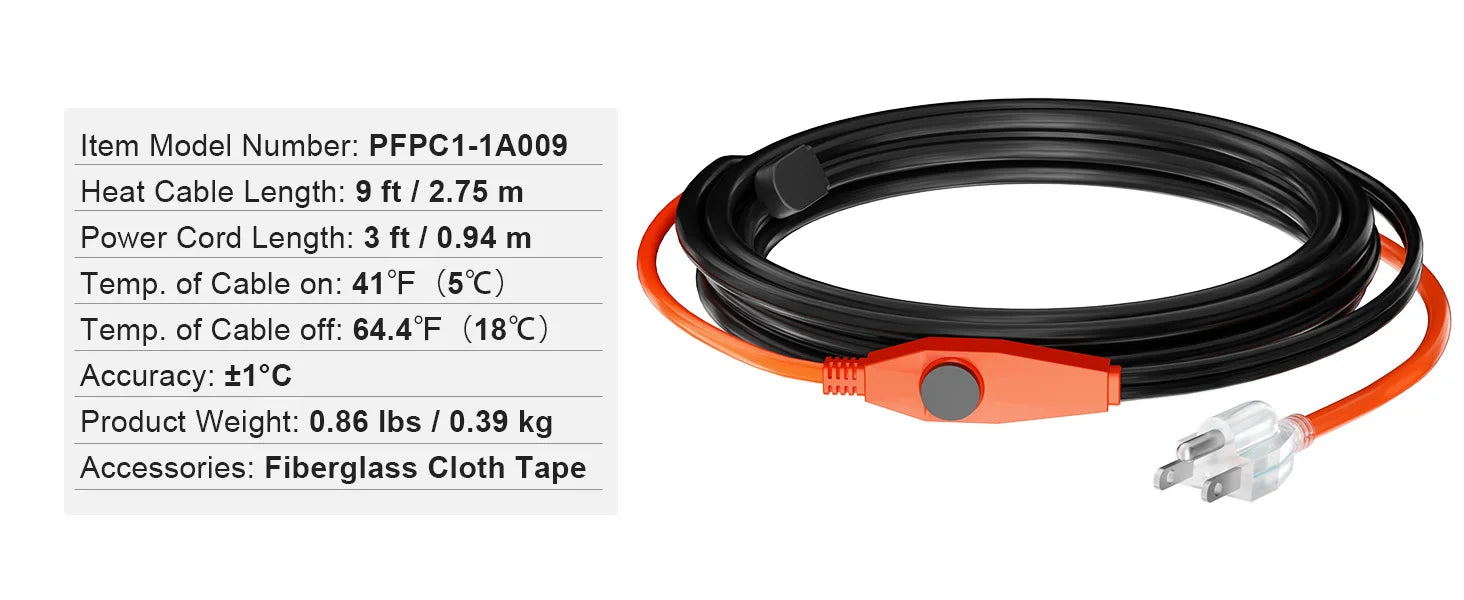 Cable calefactor para tuberías con cinta térmica para protección contra congelación (6FT–30FT)
