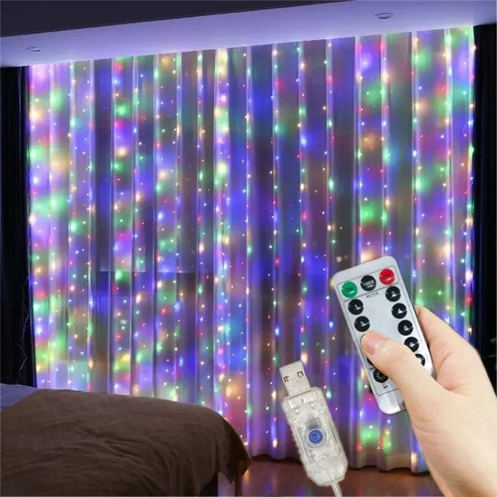 Cortina de luzes LED decorativas USB, 8 modos, vários tamanhos