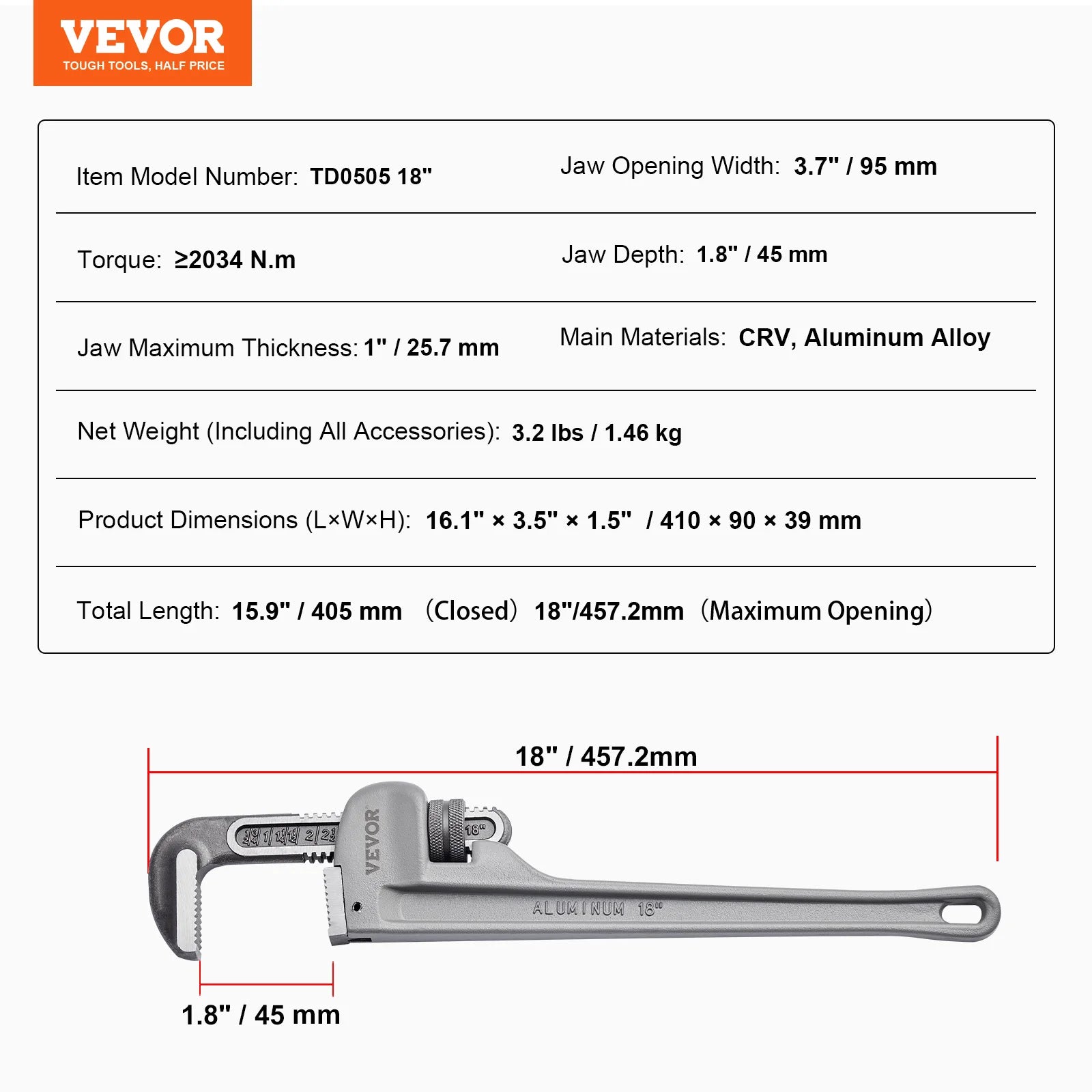 24" Aluminum Pipe Wrench Adjustable 4.1" Jaw Heavy-Duty Grip