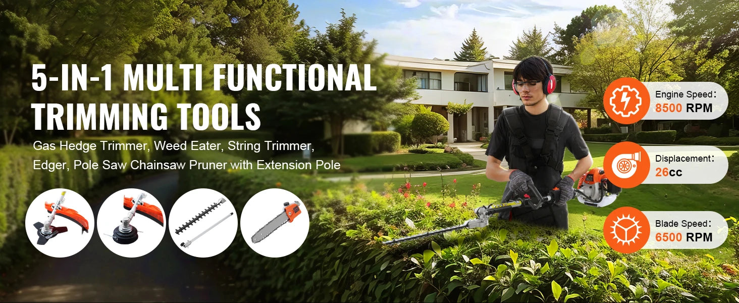 SucceBuy 26CC 5-in-1 Multi-Functional Trimming Tools Gas Hedge Trimmer Weed Eater String Trimmer Edger Pole Saw Chainsaw Pruner