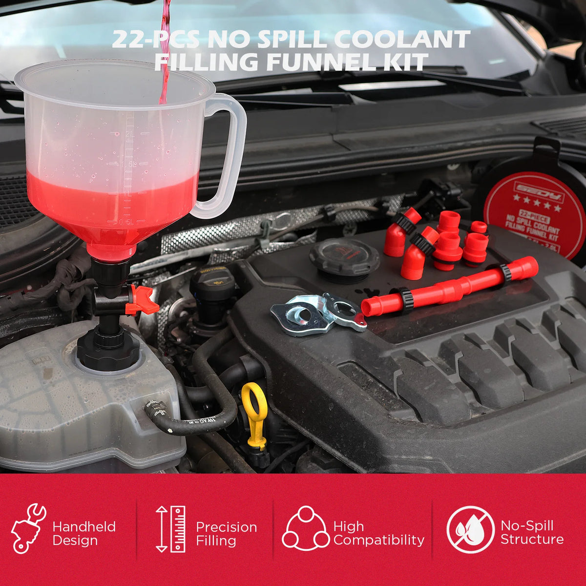 SEDY 22db-spillmentes hűtőközeg töltő tölcsér készlet és szívócső pumpa Radiátor hűtőközeg töltő spill-proof tölcsér készlet adapterekkel