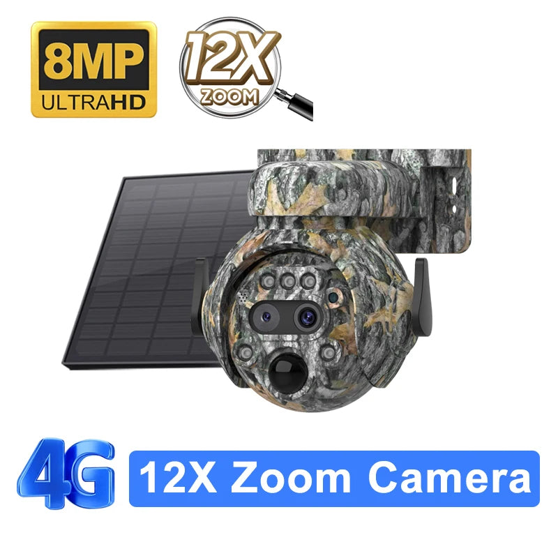 SHIWOJIA 12X ZOOM 4K 8MP Solar Camera Dual lens 4G 360° View Camouflage Color Outdoor Hunting Camera 7800mAh Battery Ubox app 