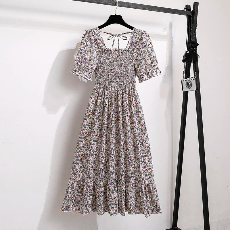 Summer Pleated Women Chiffon Dresses Casual Beach Holiday Short Sleeve Square Collar Woman Midi Dress Bohemian Mujer Vestidos 