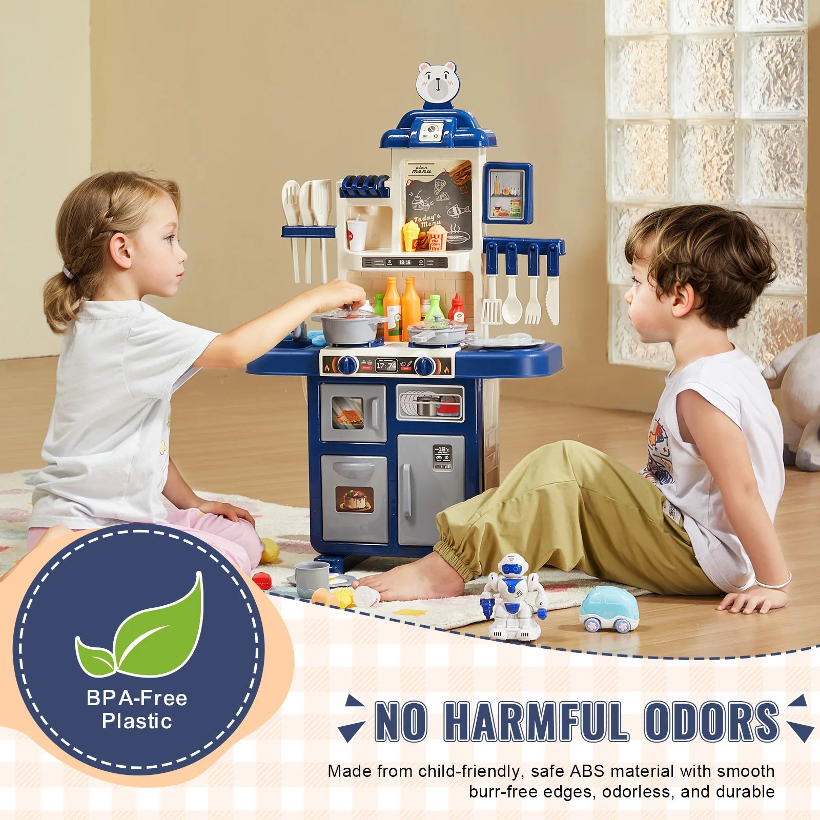 Kids Kitchen Playset 48PCS Pretend Cooking Toy with Lights & Water Sink