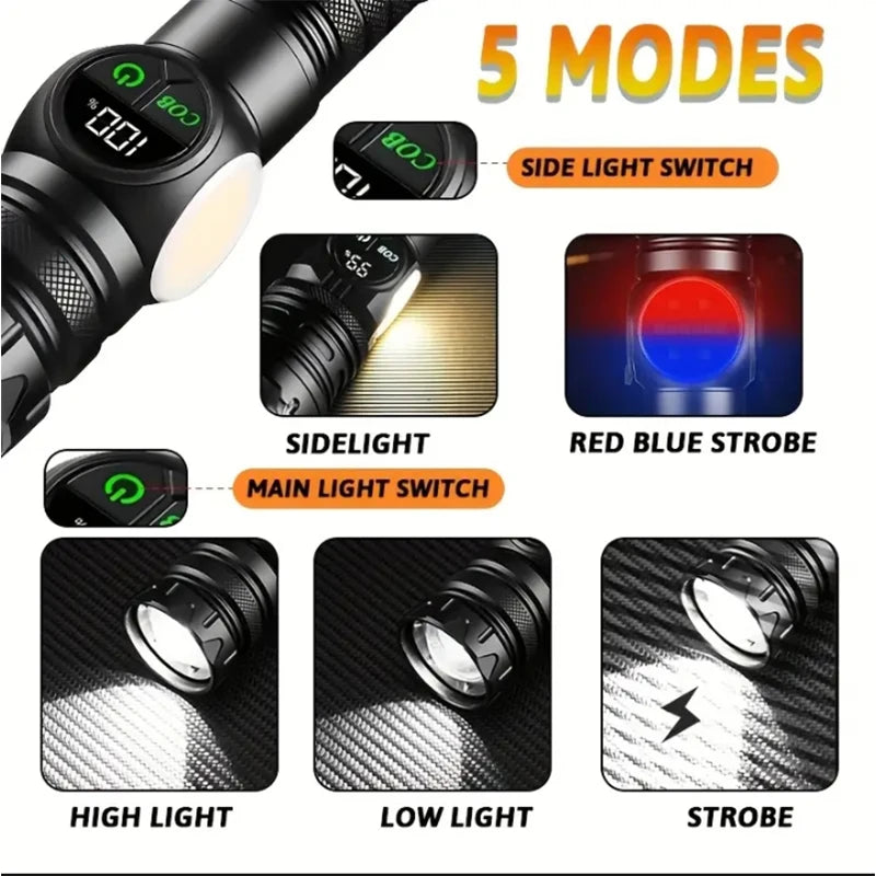 Linterna LED con 5 modos de iluminación, luz lateral COB roja con imán, linterna recargable por USB con batería integrada para senderismo