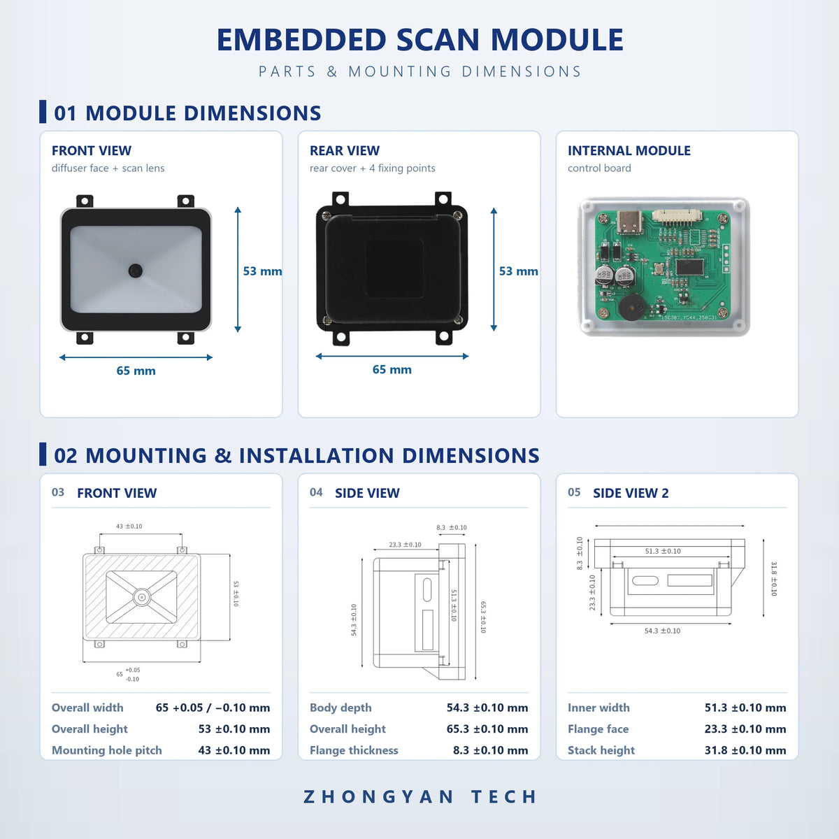 Módulo lector de códigos de barras 1D/2D integrado ZY-QR100