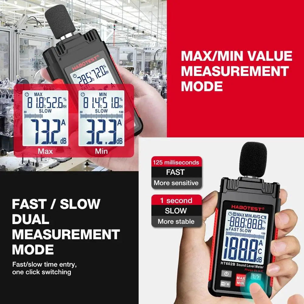 HABOTEST HT602A Sound Level Meter Digital Handheld DB Meter HT602B Noise Audio Level Meter 30-130dB Decibels Mini Sound Meter
