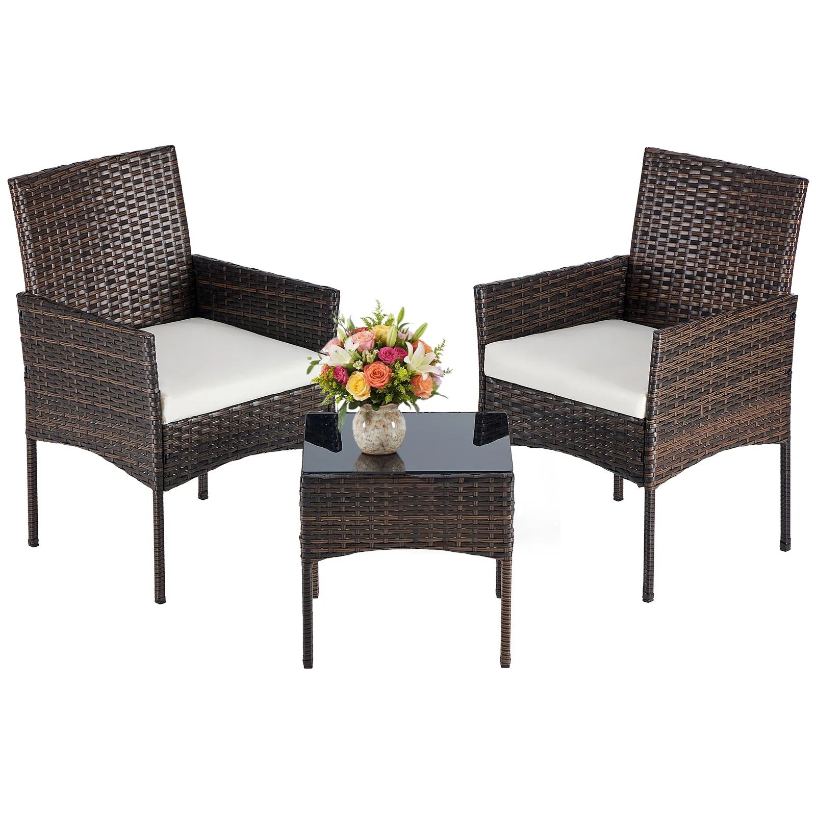Set da giardino in rattan 3 pezzi con cuscini e tavolo in vetro