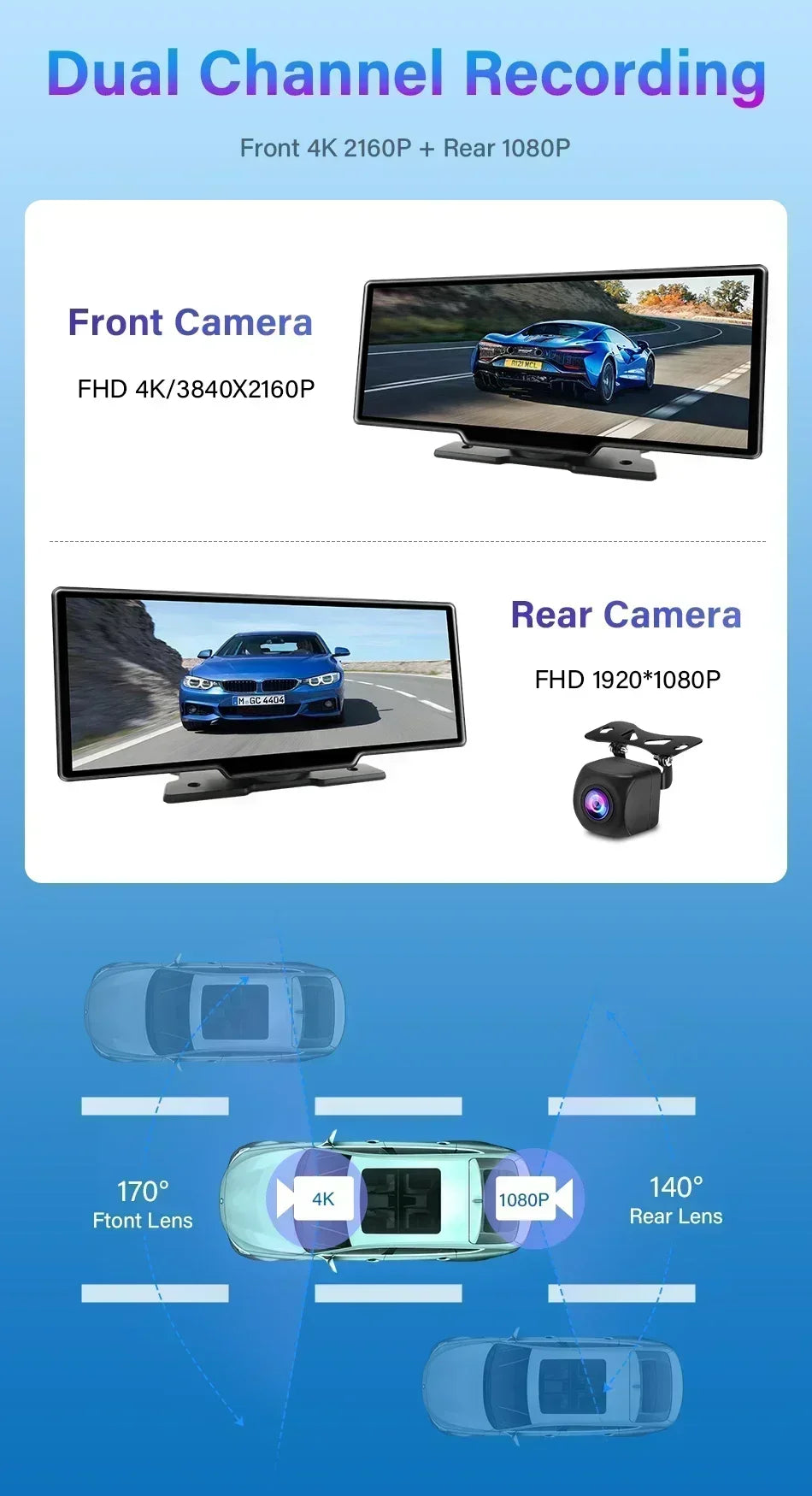 10.26 Inch Dash Cam Rearview Mirror Display with Wireless CarPlay and Android Auto, 4K Front and 1080P Rear Recording
