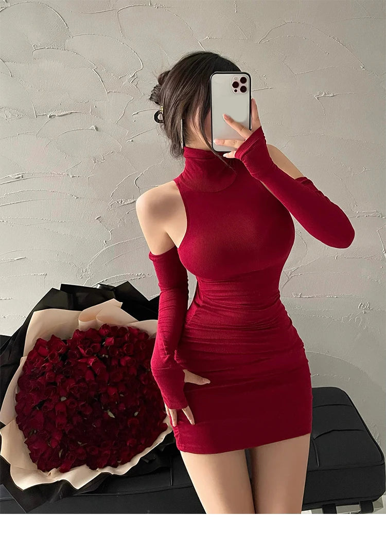 Summer Sexy High Neck Tight Dress Oversleeve Pleated Bottom Wrapped Hip Dress Women Bodycon 