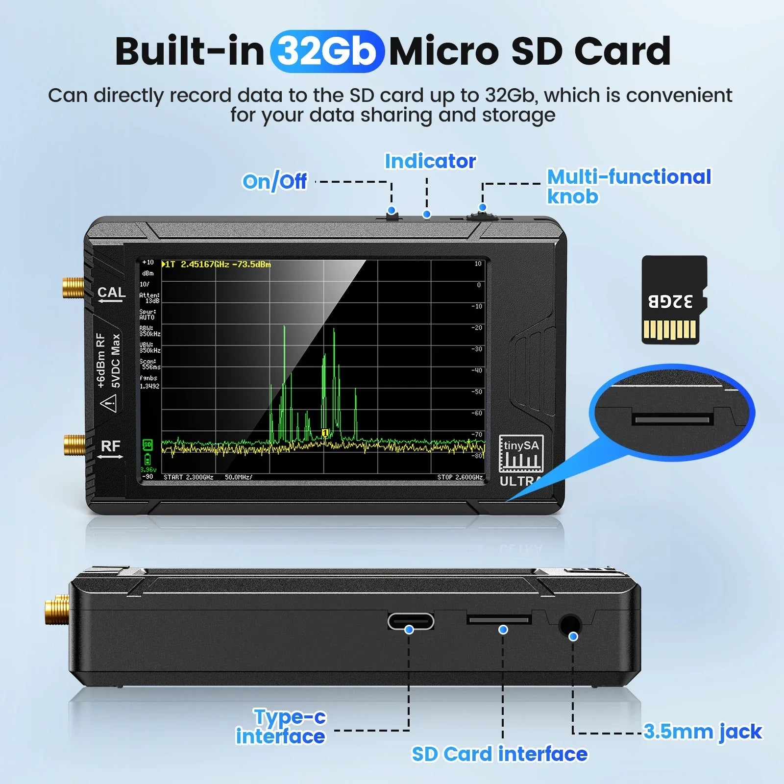 2023 New Handheld 2.8" Display Tiny Spectrum Analyzer TinySA ULTRA 4" Display 100kHz to 5.3GHz with 32GB Card Version V0.4.5.1 