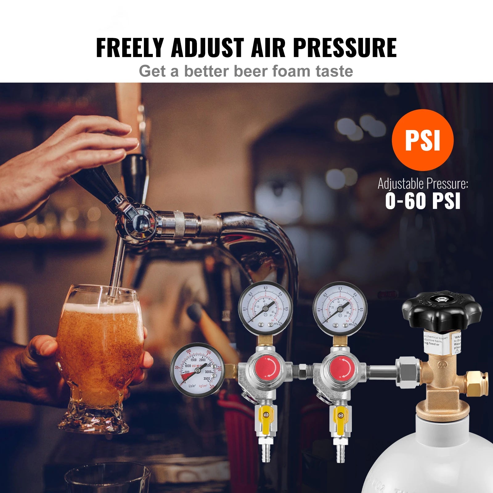 CO2-regulator med dubbla mätare och backventil för öltunnor CGA320