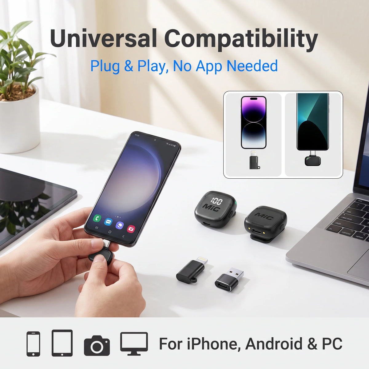 Wireless Lavalier Microphone with USB-C, Lightning and USB Adapters