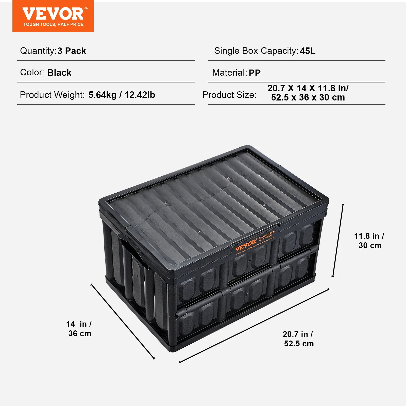 Set de 3 cutii de depozitare pliante, 45 L / 65 L, gainate, rezistente, pentru garaj, cu capace, pentru haine, gustări, produse alimentare.