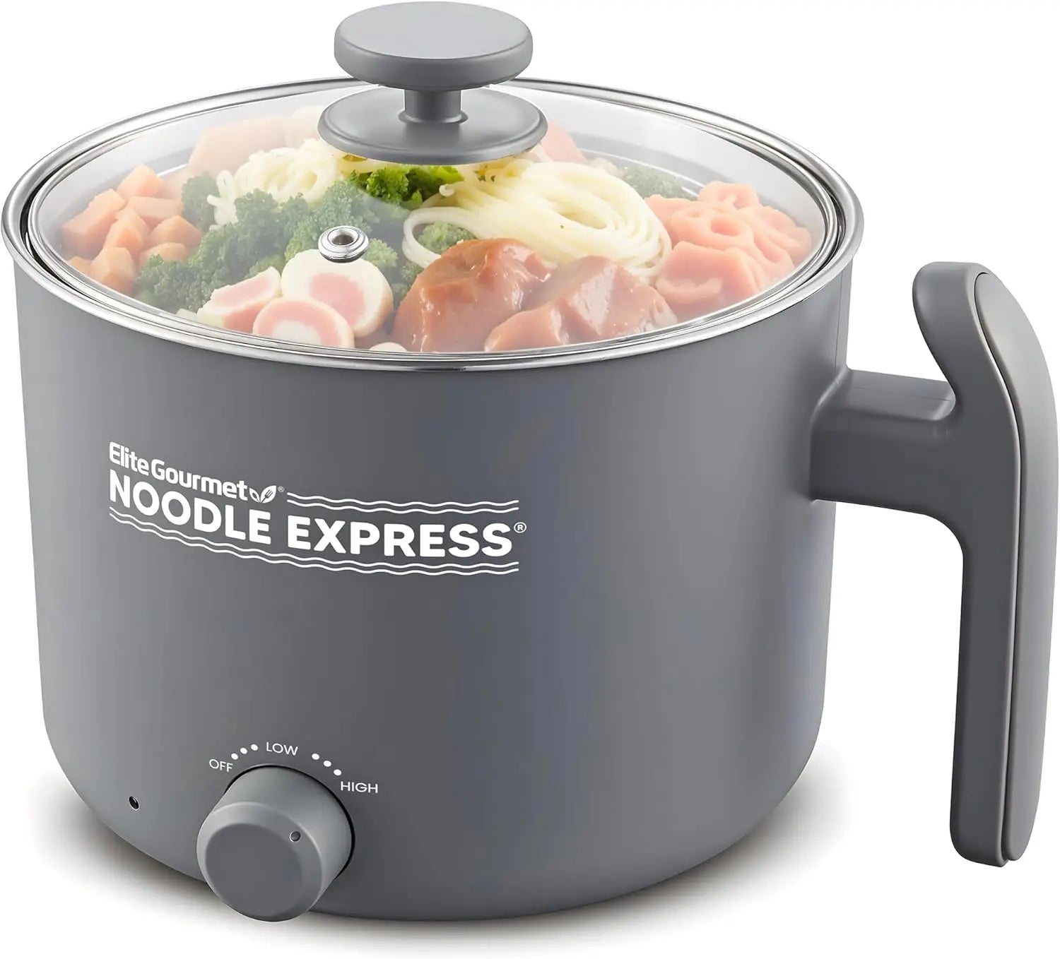 Hot Pot, Prepare Ramen, Rice, Soups, Stews, Boil Water, Stainless-Steel Interior, Glass Lid, High/Low/Off Settings, Grey