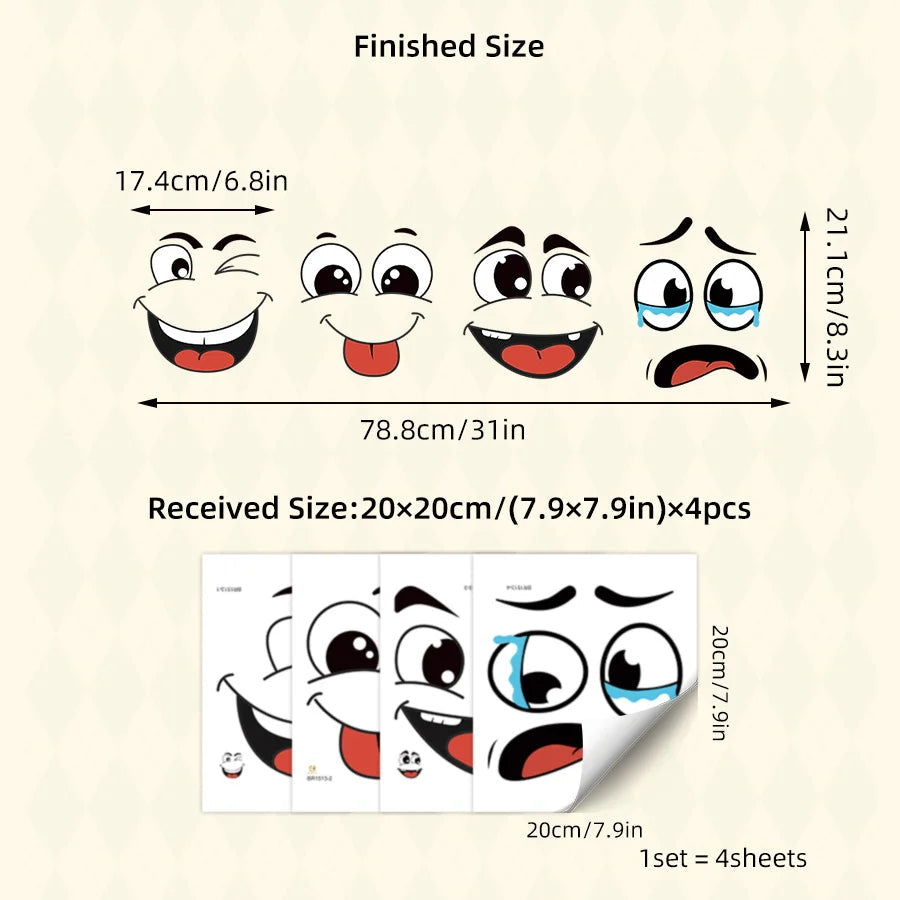 4 sheets/Set Cartoon Face Stickers,Self-Adhesive, Plastic Surface Compatible,Home Decoration Suitable for Trash Can, oilet Decor 