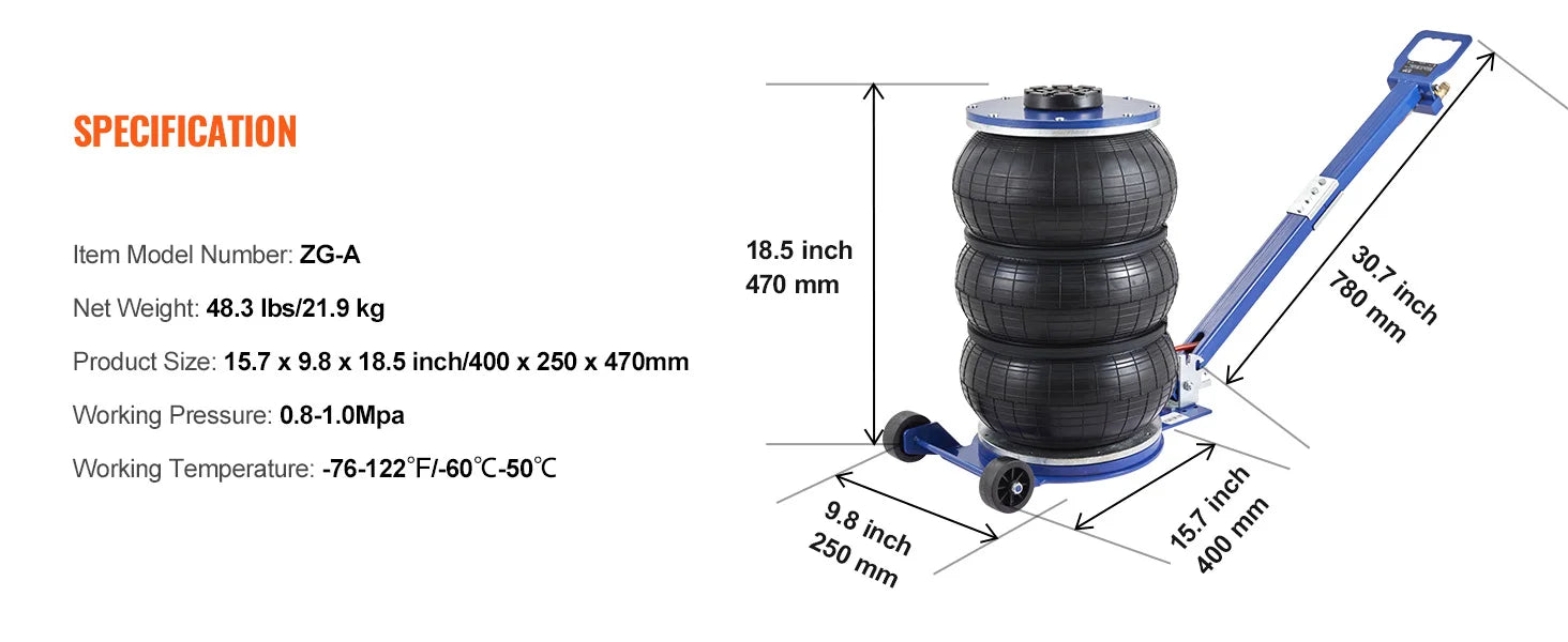 Cric pneumatique à sac d'air 3 tonnes levage rapide avec roues