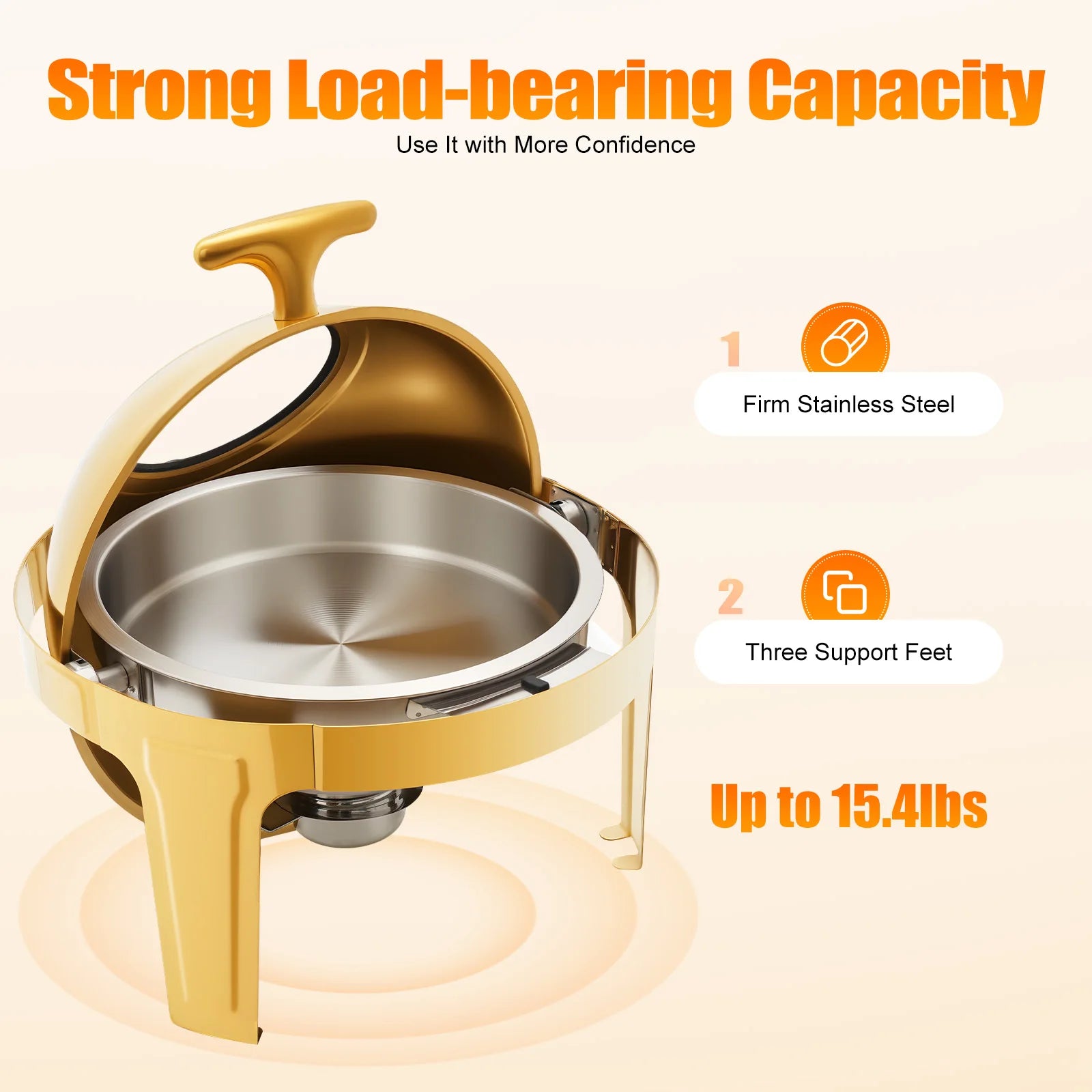 Gold Round Roll Top Chafing Dish 6L Stainless Steel Buffet Warmer with Visual Lid