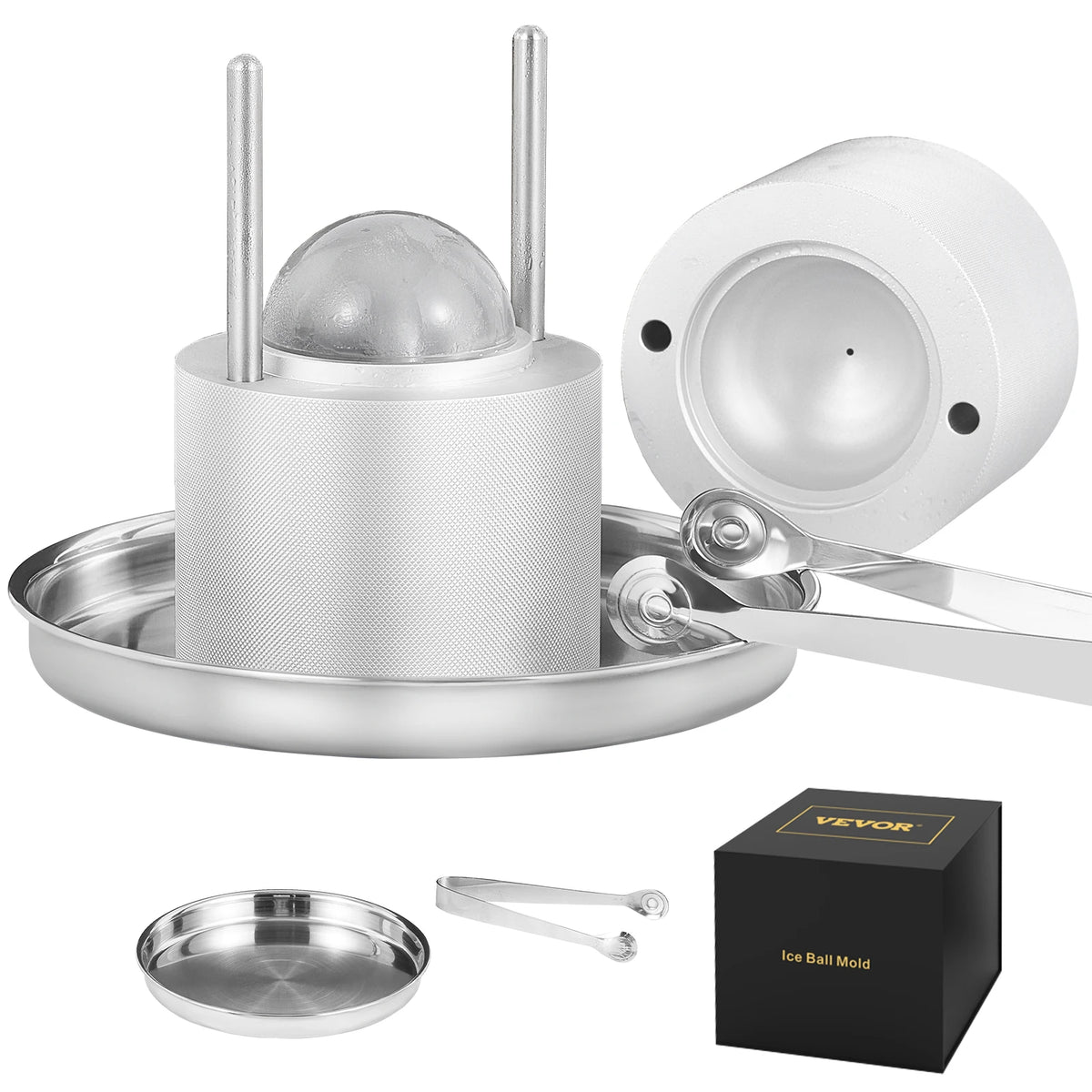 60 mm Aluminum Ice Ball Press with Tray and Tongs