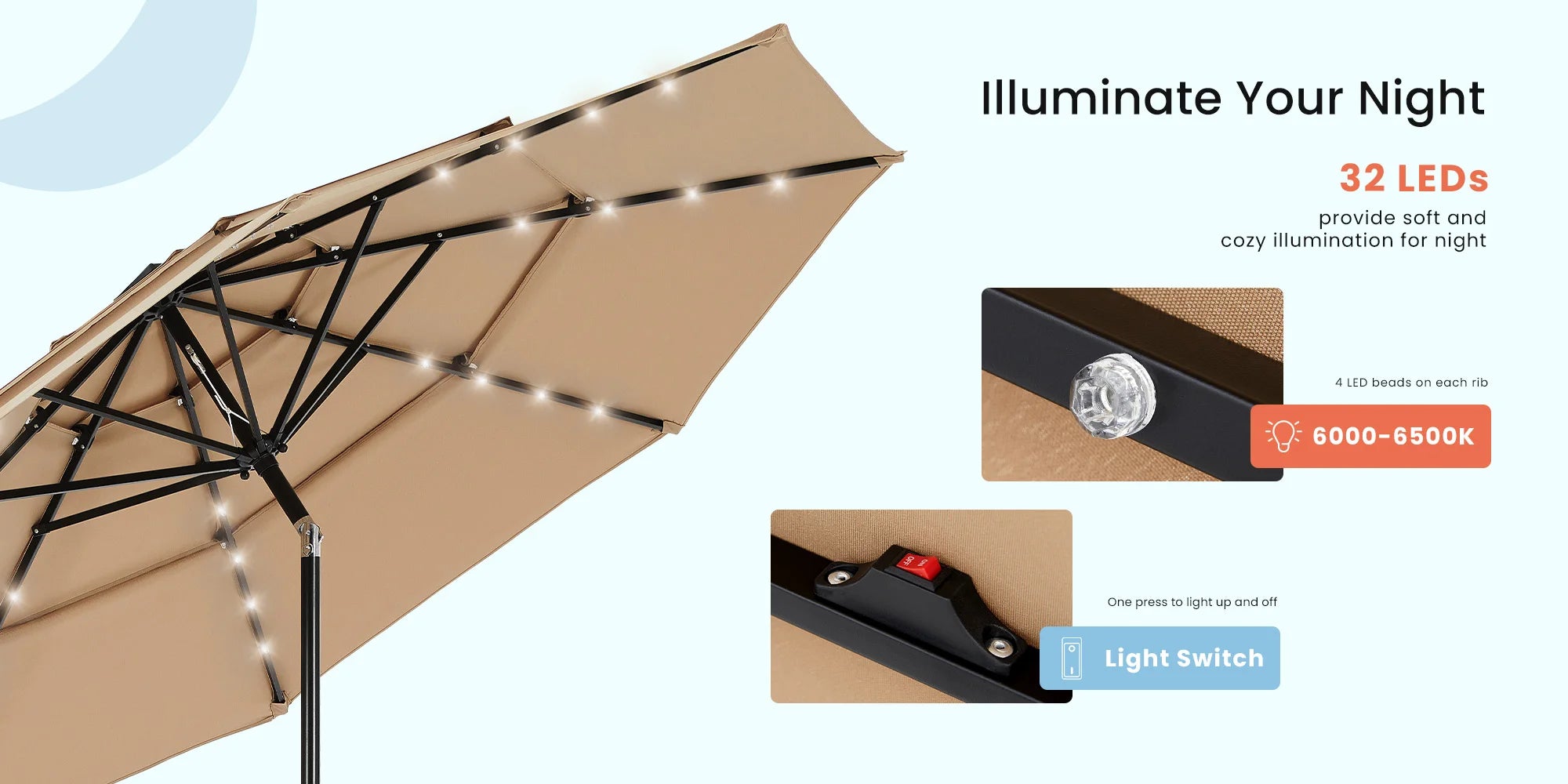 10FT udendørs parasol med solcelle-LED-lys og vippefunktion