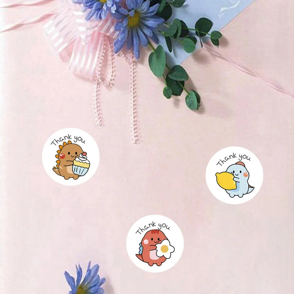 Cartoon Dinosaur Thank You Stickers – 1 Inch Adhesive Labels