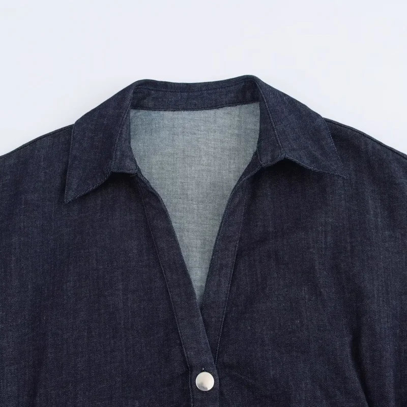 ETJ 2025  Spring New 1975 series denim MIDI dress with lapel side zipper fashion wrinkle waist slim elegant dress 