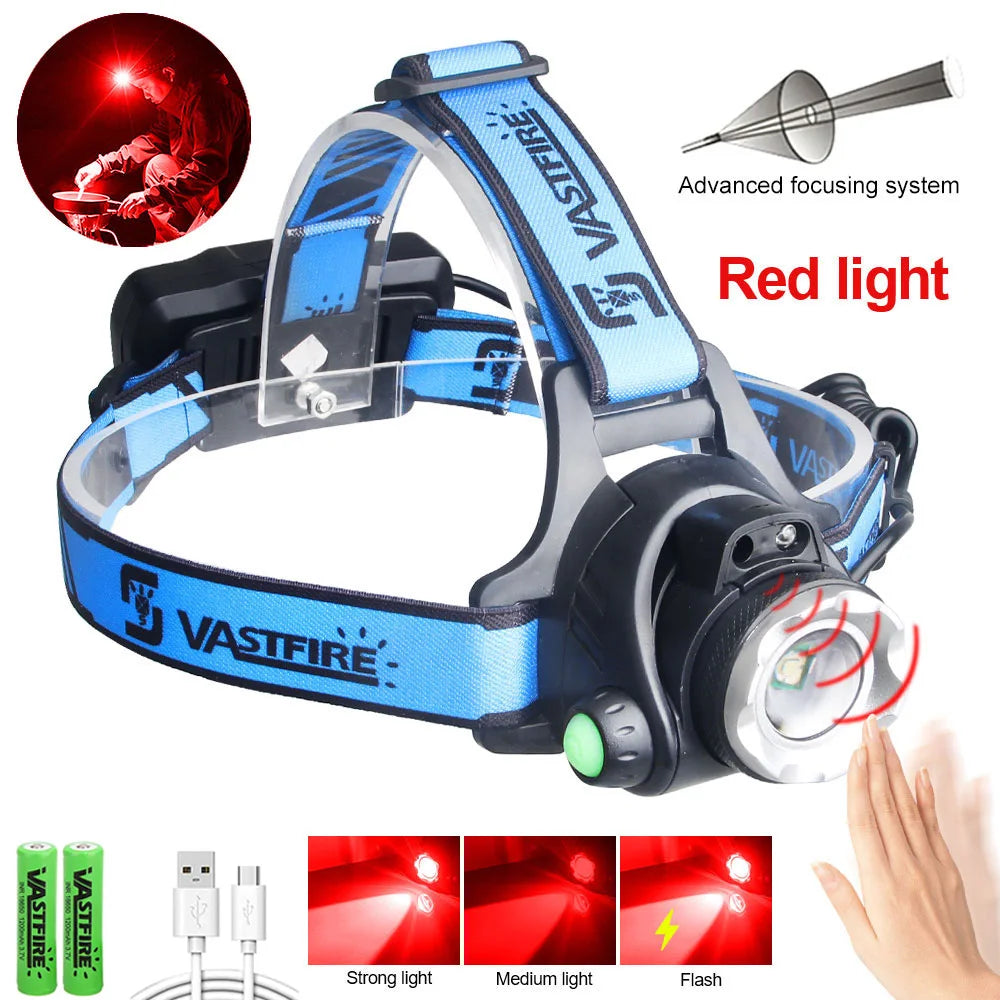 Lanterna frontal LED recarregável com feixe ajustável