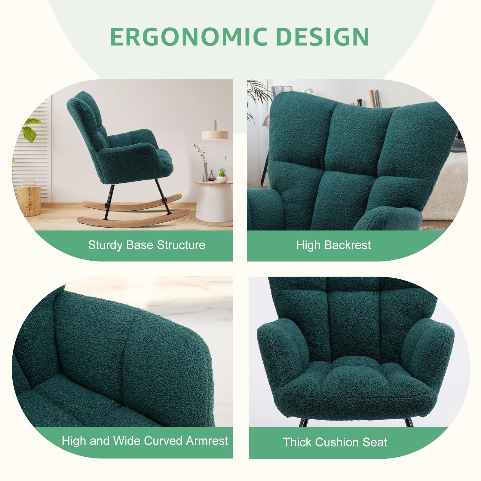 Teddy Fabric Glider Rocking Chair with High Back & Padded Seat
