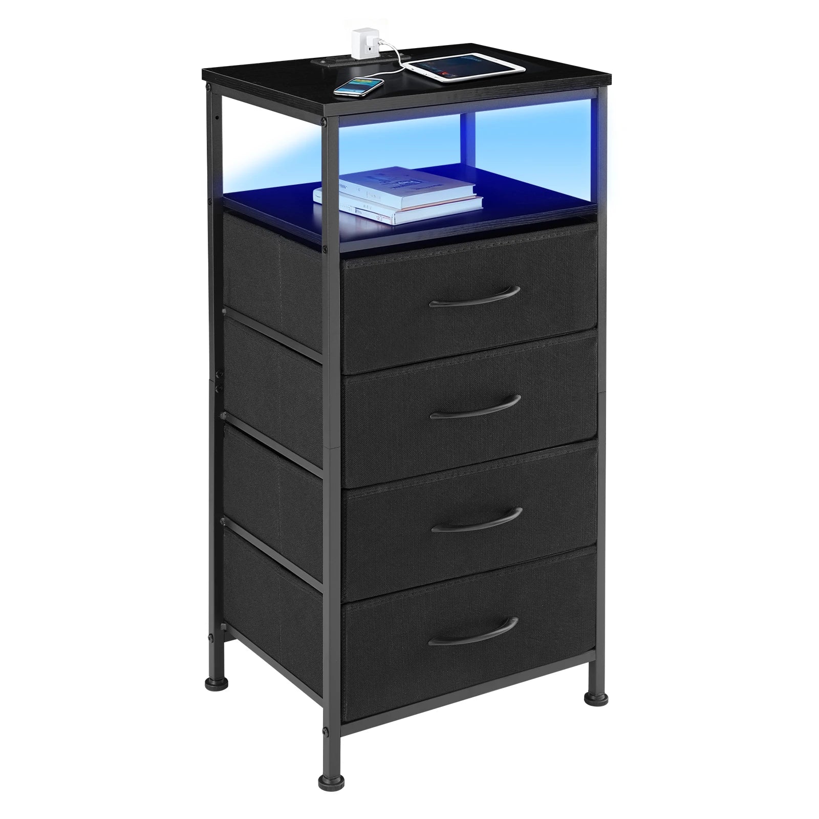 Meuble d'angle avec tiroirs, ports USB, prises électriques et éclairage LED