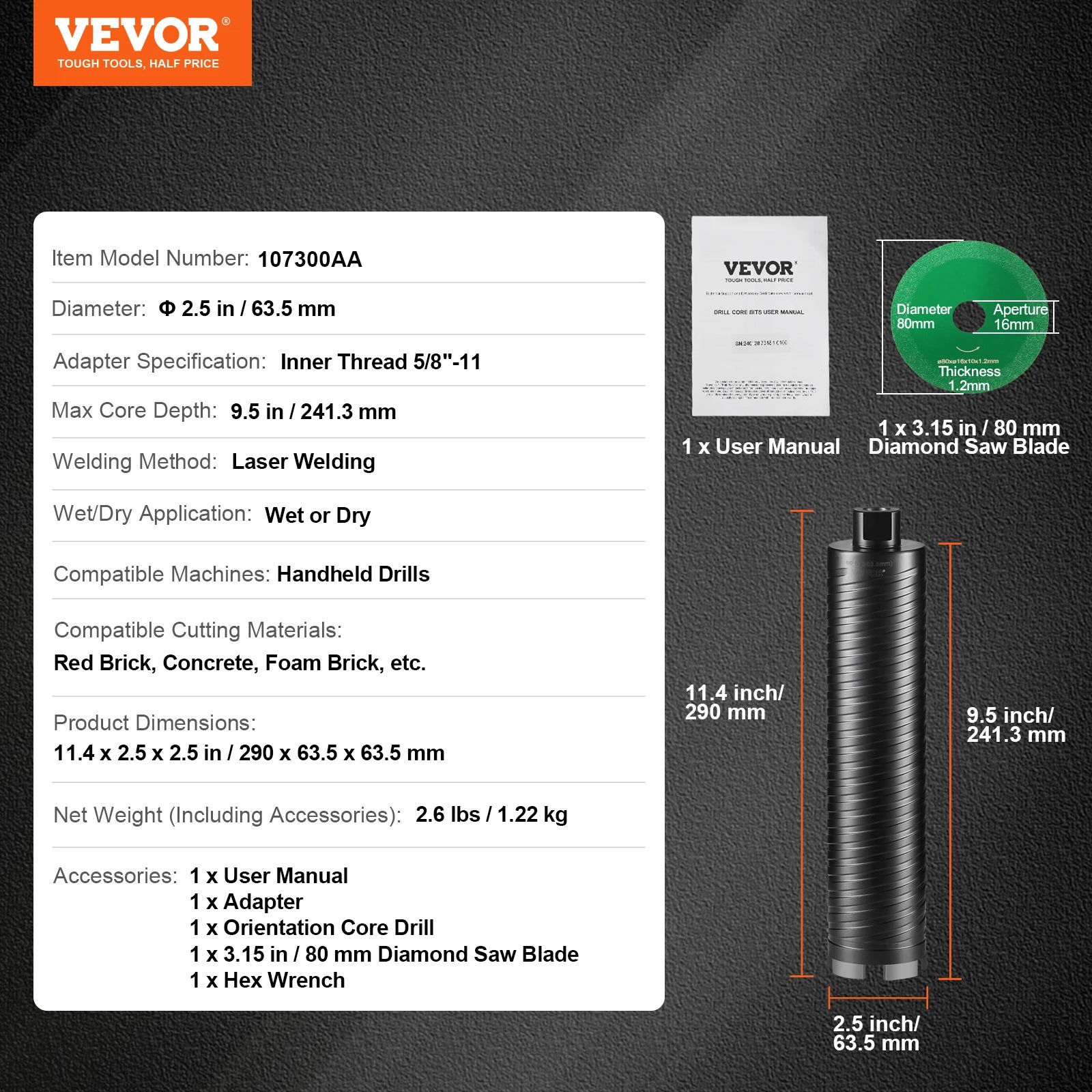 Wet/Dry Diamond Core Drill Bit for Brick and Concrete with Pilot Bit, Adapter and Saw Blade