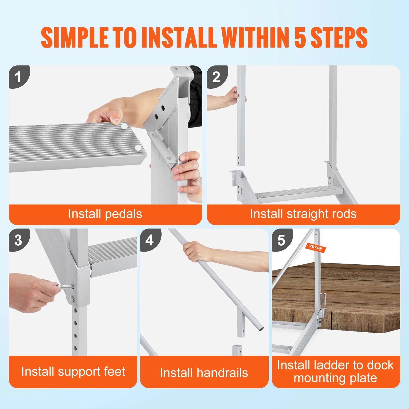 SucceBuy 4/6 Step Dual Handrails Dock Ladder Aluminum with Rubber Mat 30"-39" Adjustable Height for Lake Marine Boarding Pool