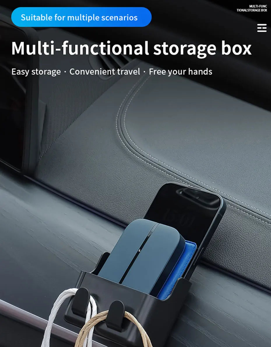 SEAMETAL Adhesive Universal Car Storage Box Multifunctional Dual-Hook Design Reserved Charging Port Car Accessories Interior
