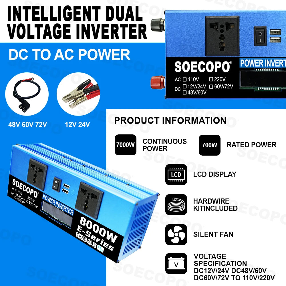 Inversor Industrial de 10000W de Doble Voltaje 12V24V48V60V72V a 110V/220V CA con Pantalla LCD y Doble USB para Aventuras al Aire Libre