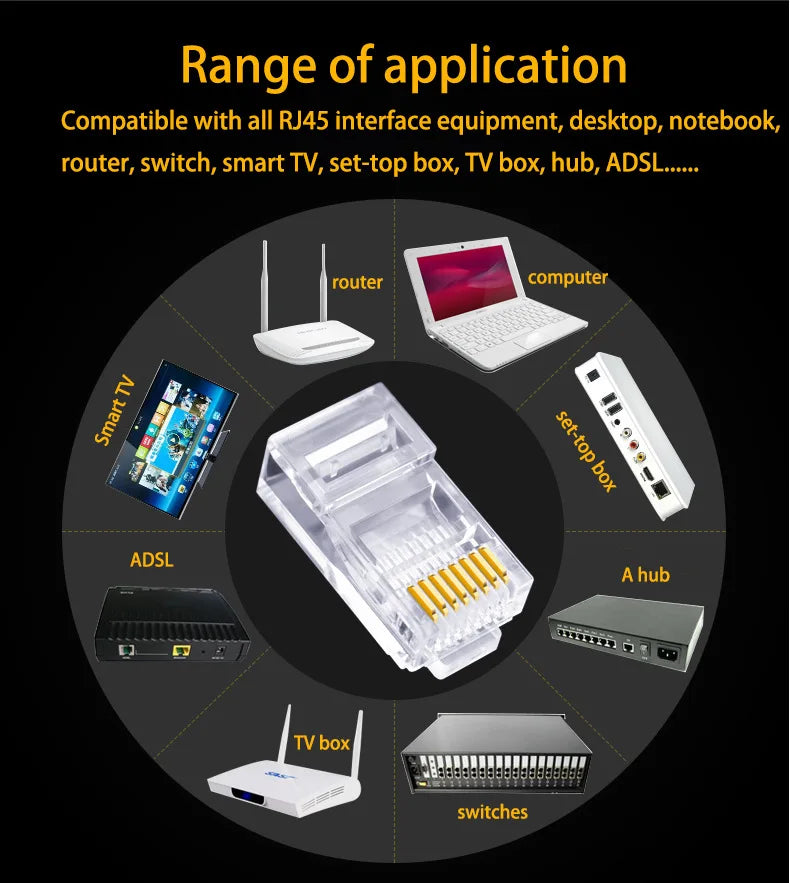 100pcs/lot RJ45 CAT6 CAT5e Pass Through Connectors Crystal End Gold-Plated 8P8C Crimp UTP Standard Ethernet Network Modular Plug