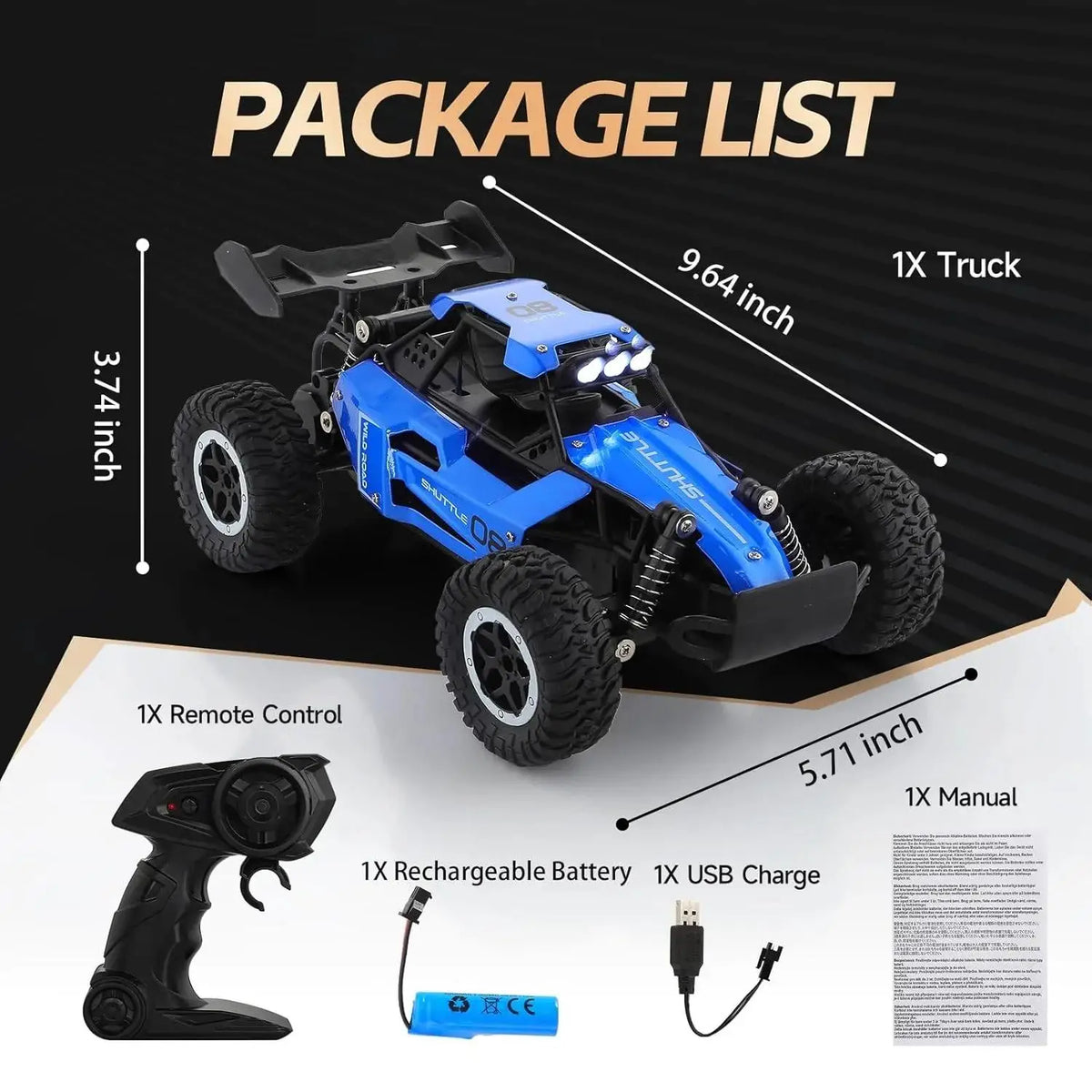 Terénne RC auto s pohonom 2WD a LED svetlami, mierka 1:16