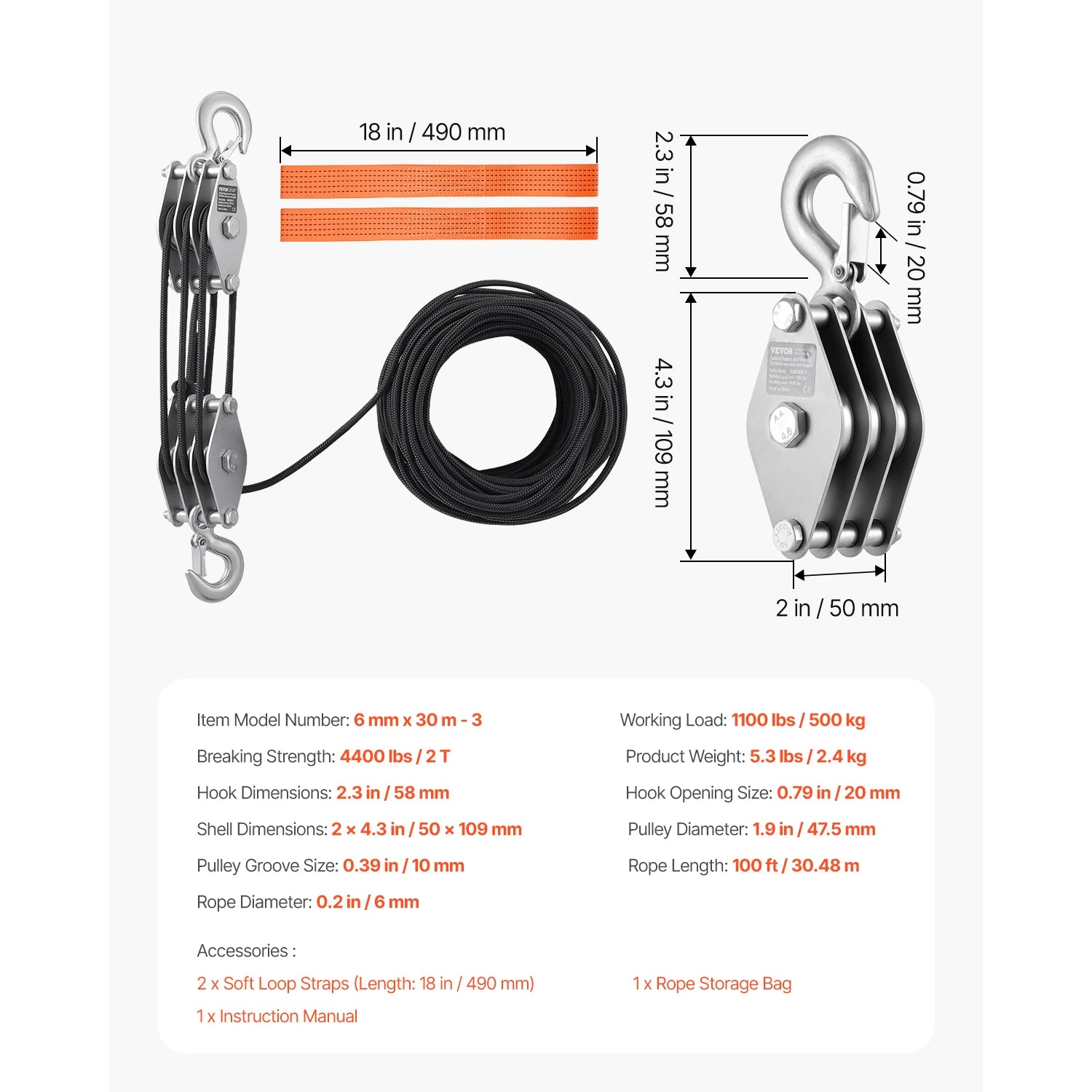 1100 lbs Manual Pulley Hoist with 100ft Rope & 5:1 Lifting Power