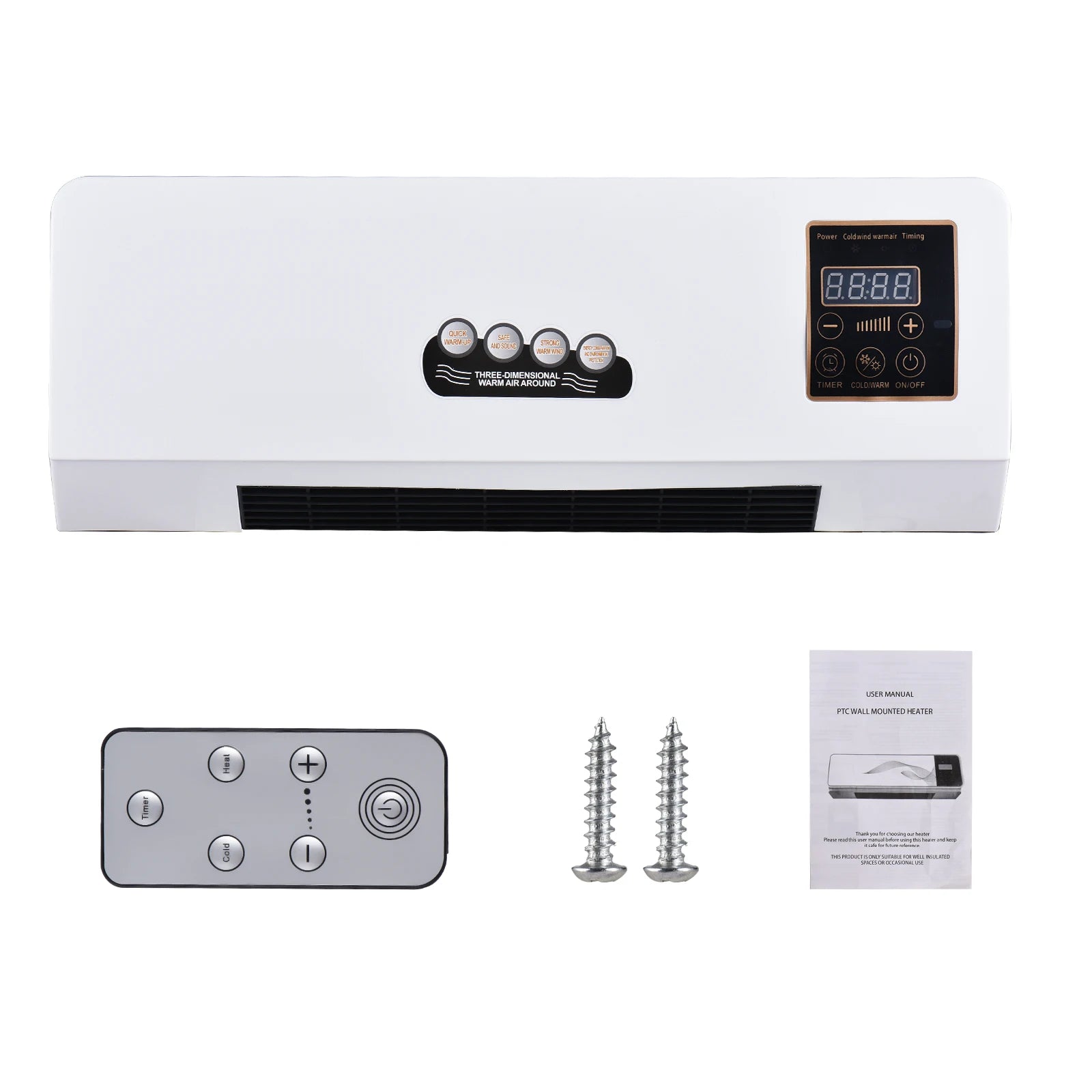 Aquecedor e Ventilador Combo de 1800W, Aquecedor Elétrico de Parede com Ventilador e Controlo Remoto