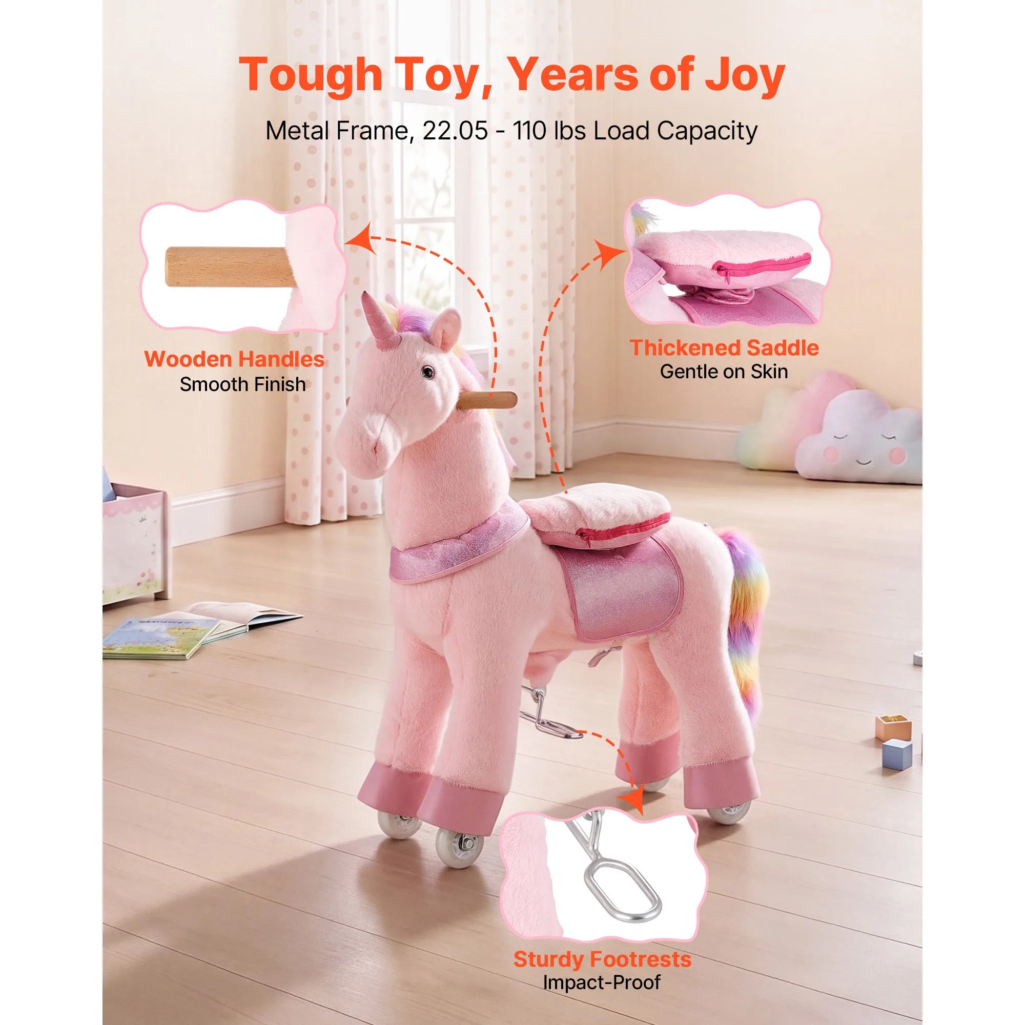 SucceBuy 110/176 lbs Kids Ride On Horse Riding Pink Unicorn Toys Smooth Wheels with Anti-Roll Stop Ring & Handles for Children