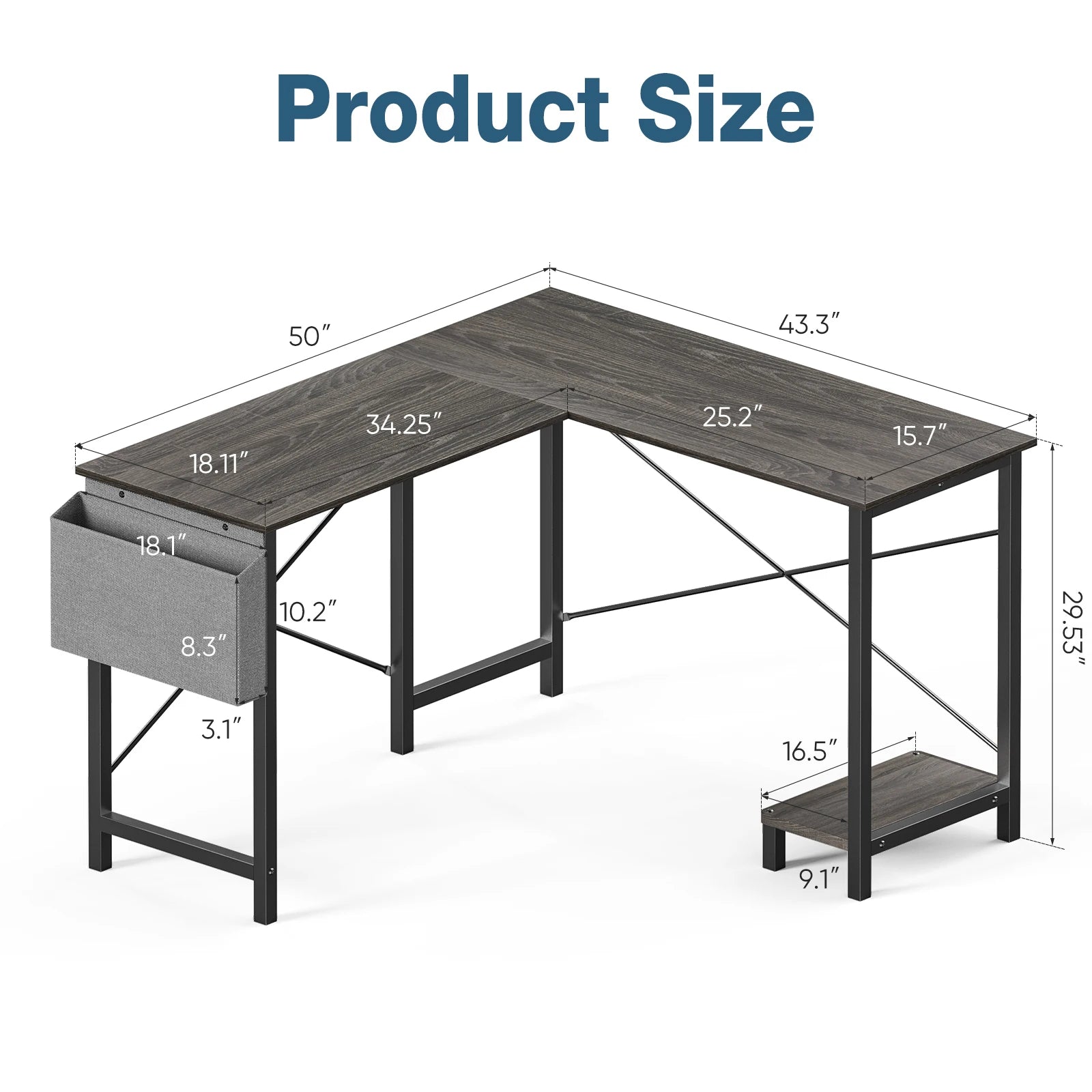 50 Inch L-Shaped Corner Desk with CPU Shelf & Storage Bag
