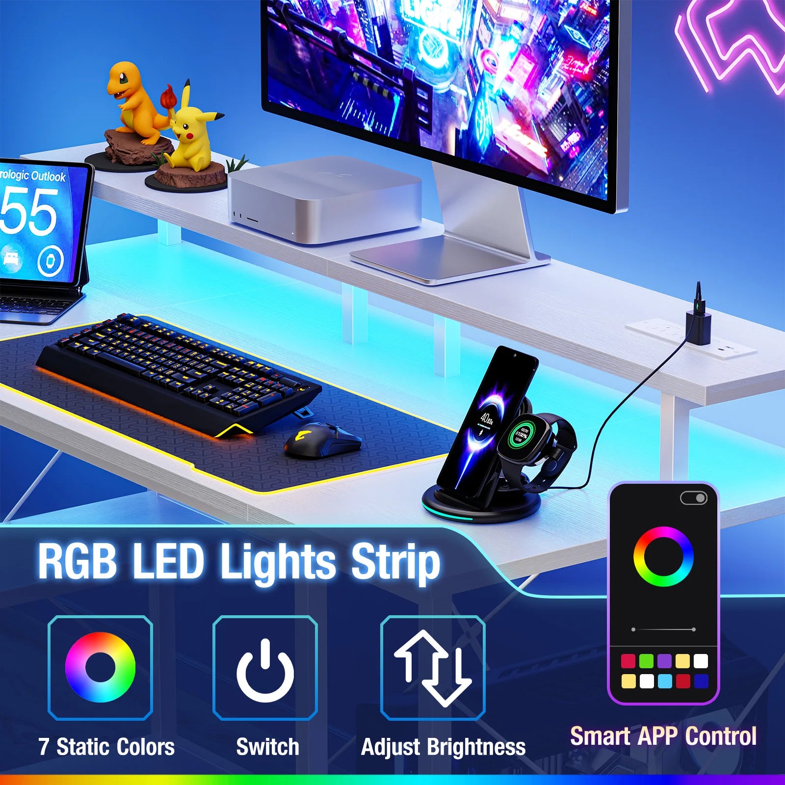 48 Inch Gaming Desk with LED Lights, Power Outlets & Storage