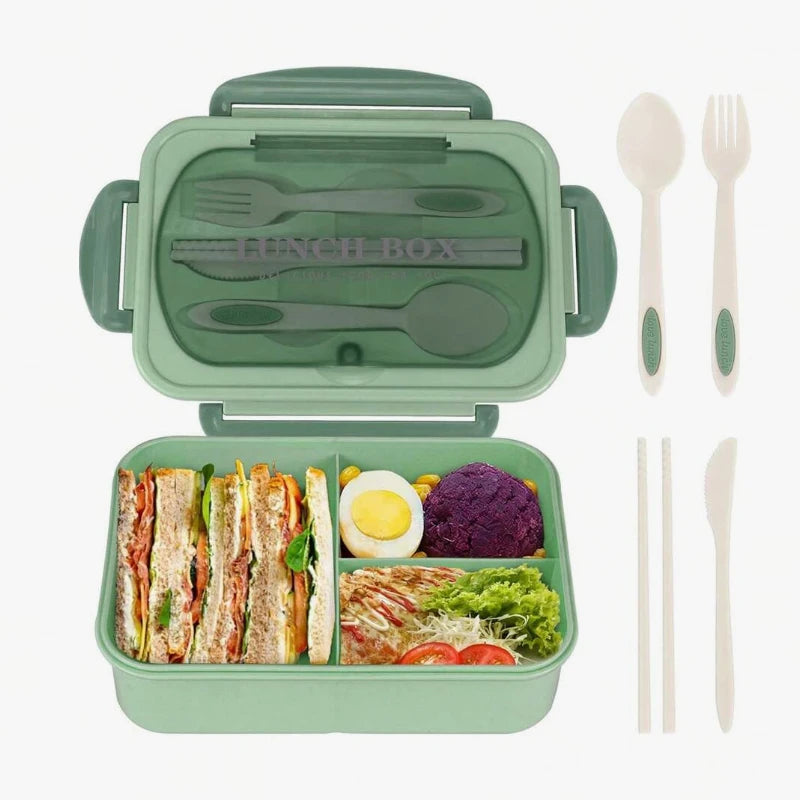 Caixa bento compartimentada para almoço com utensílios, opções de cor
