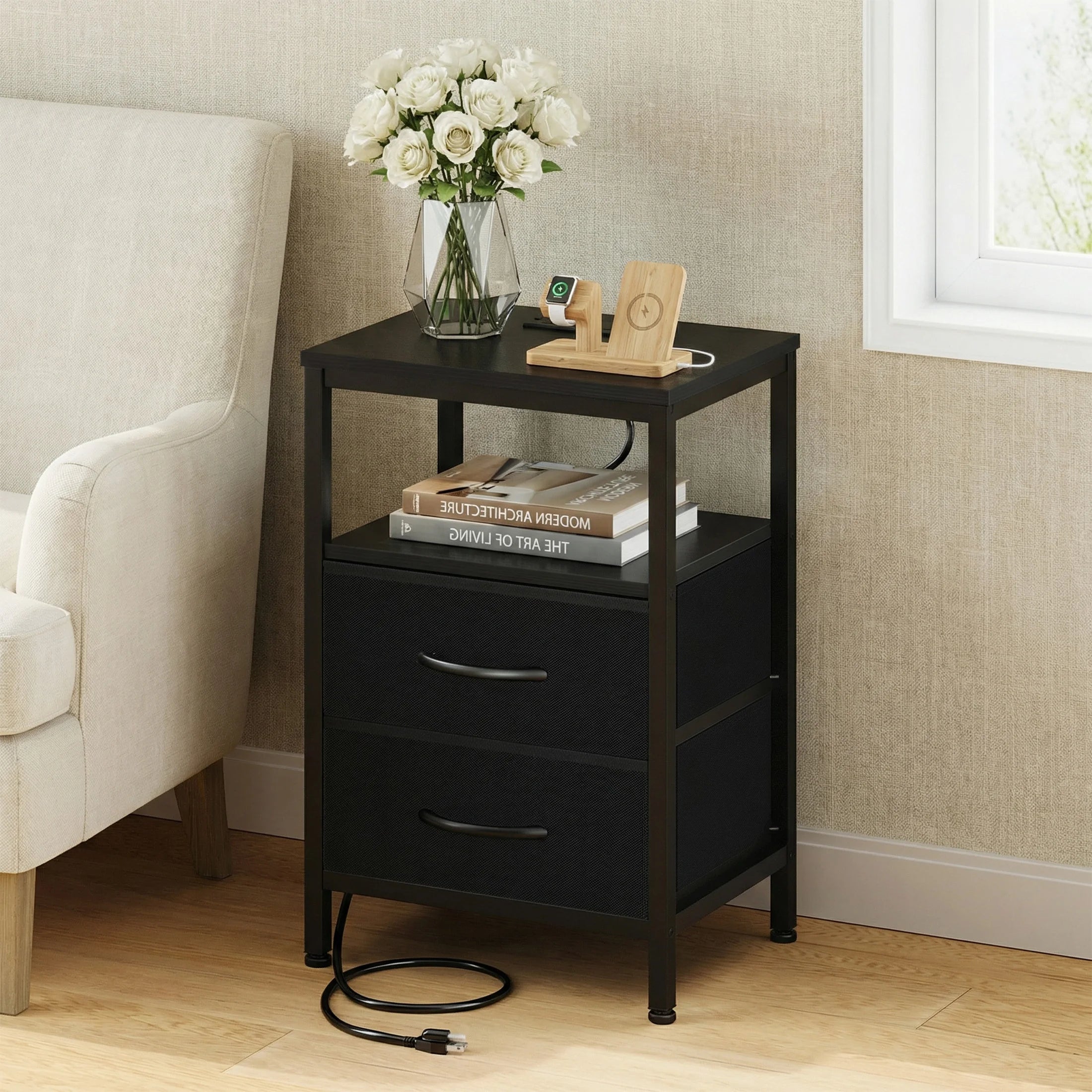 Nightstand with Charging Station, 2 Fabric Drawers & Shelf