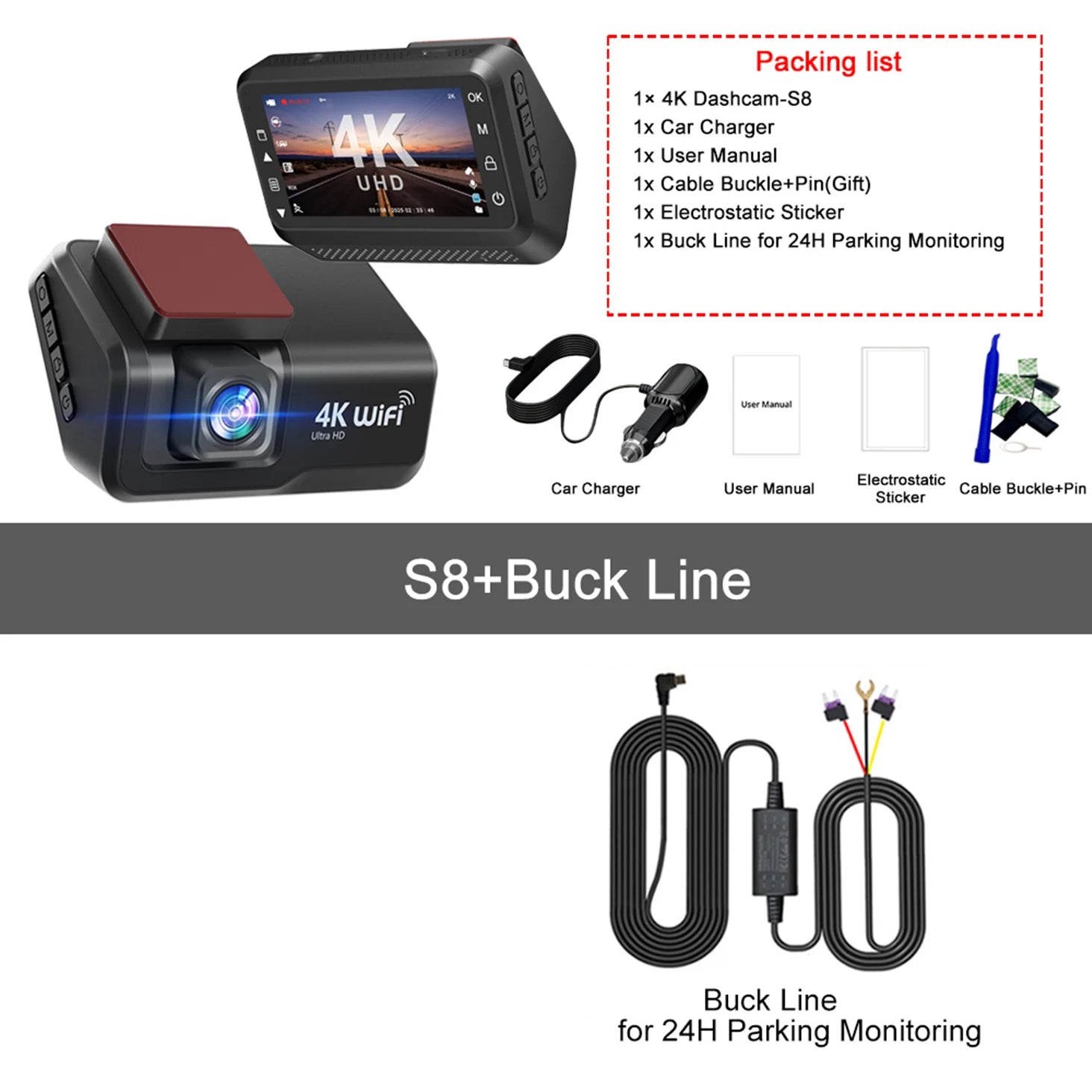 4K Front & Rear Dash Cam with WiFi, Night Vision & Parking Monitor