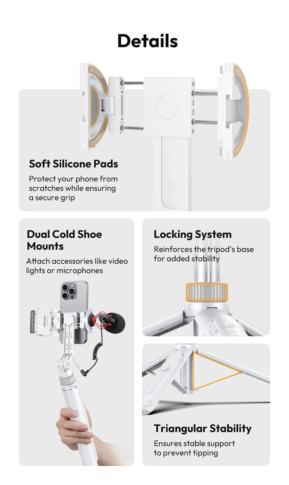 Ulanzi TT88 1.44M Overhead Selfie Stick Phone Tripod with Magnetic Clamp Wireless Remote Extension Tripod for LiveStreaming Vlog 