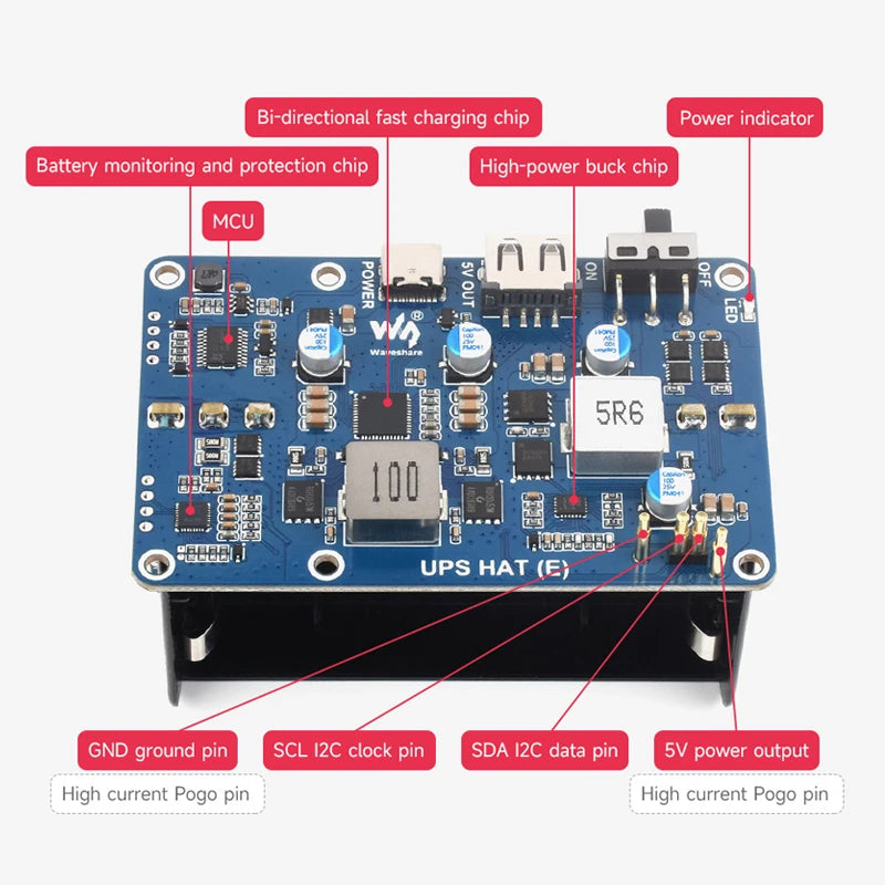 UPS HAT E for Raspberry Pi 5 - 21700 Battery Board