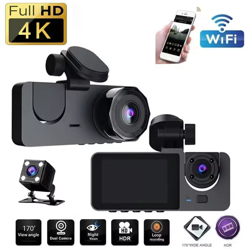 4K Dash Cam 3-Channel Front and Rear Recorder with WiFi App