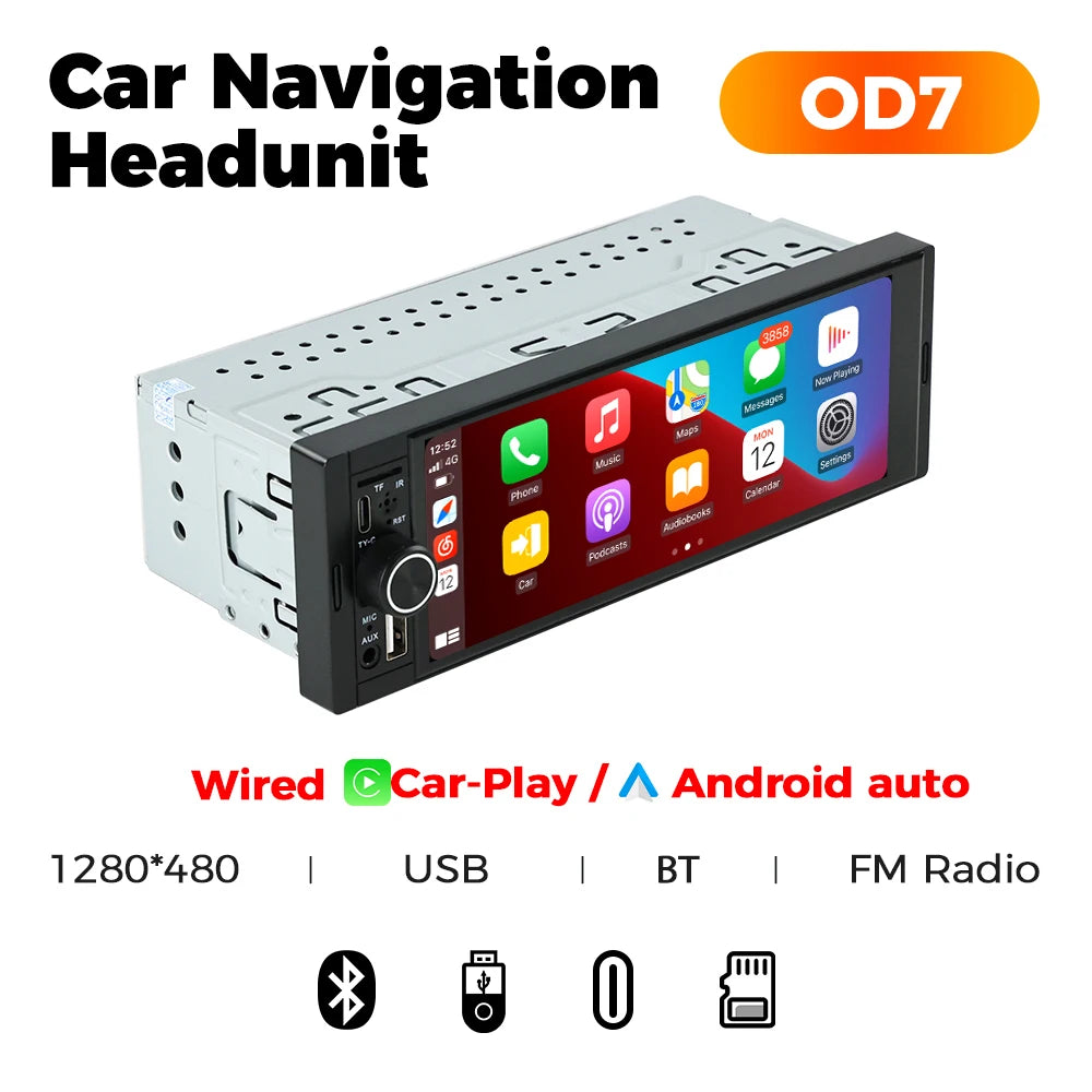 6,86" 1DIN autoradio met draadloze CarPlay, Android Auto en Bluetooth