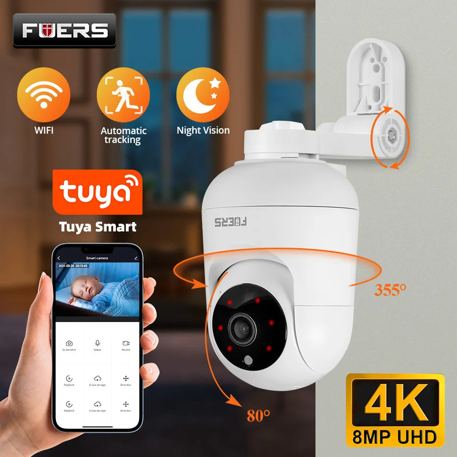 FUERS 4K 8MP WiFi IP Camera With Adjustable Bracket Tuya Smart Home Security Wireless Surveillance Camera Baby Monitor Mini Cam 