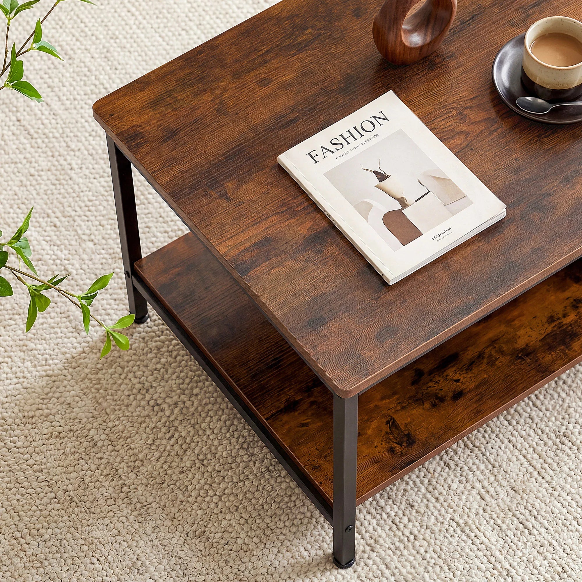 31" Wood Coffee Table with 2-Tier Storage Shelf for Living Room