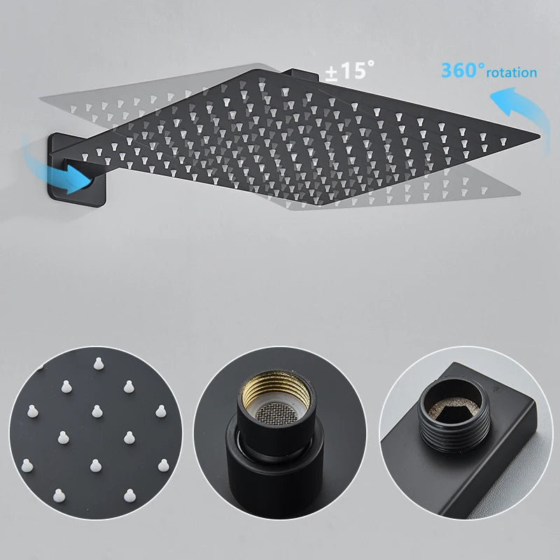 Matte Black Rainfall Shower Faucets Set Rain Waterfall Concealed Shower System Embed Box Bathroom Shower Mixer Shower Combo Set